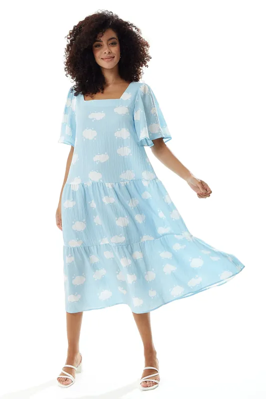 Cloud Print Midi Smock Dress in Blue - Liquorish