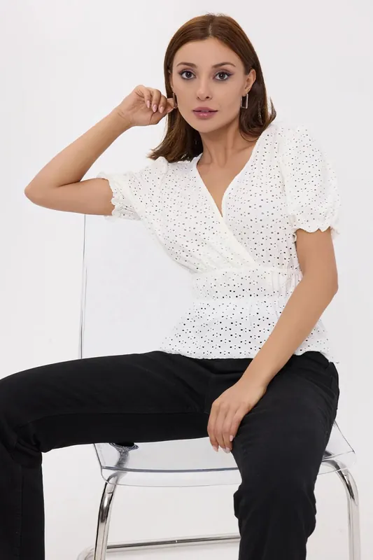 Textured Short Sleeve Cotton Blouse with V-Neck and Elastic Waist