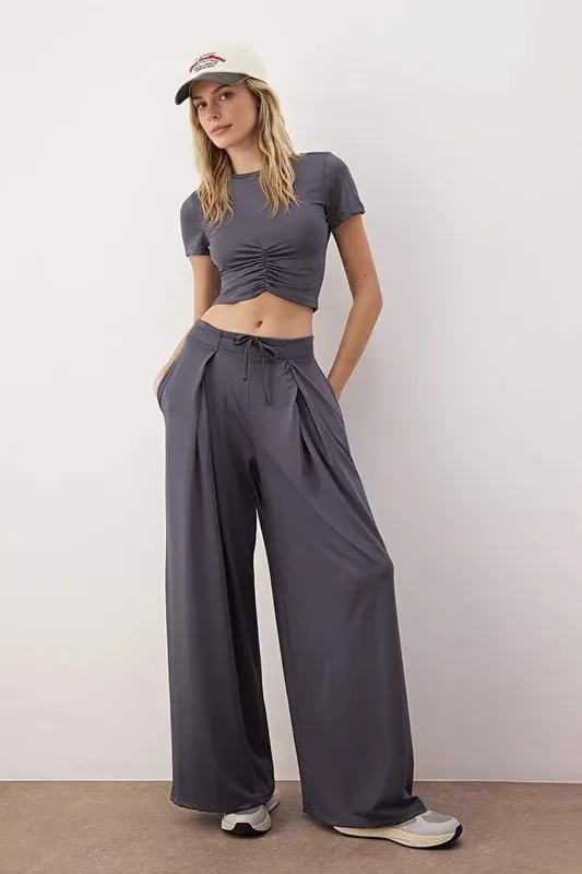 Pleated Drawstring Wide Leg Scuba Joggers - WOVCOR