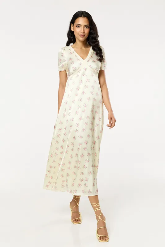 Yellow Floral V Neck Midi Dress - Liquorish