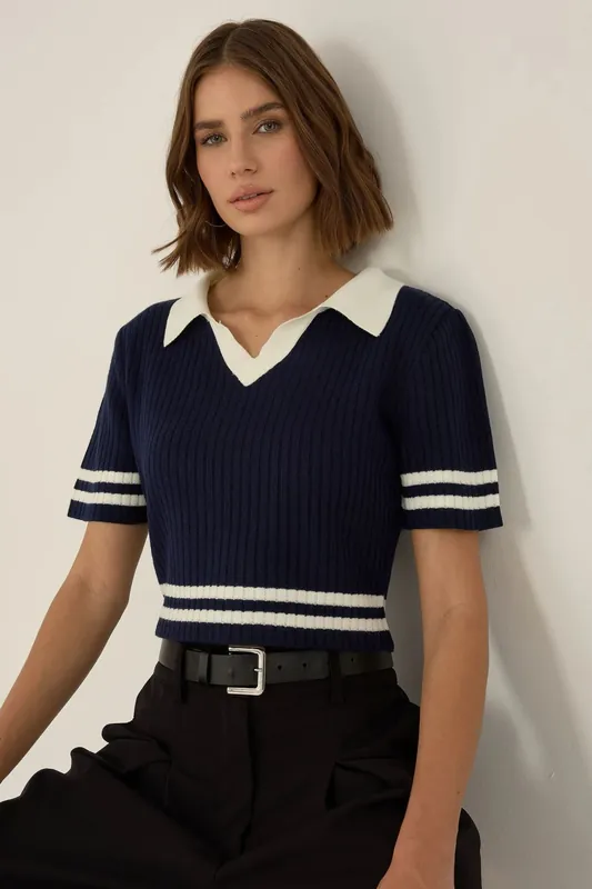Color Blocked Knit Top with Shirt Collar - Hiccup