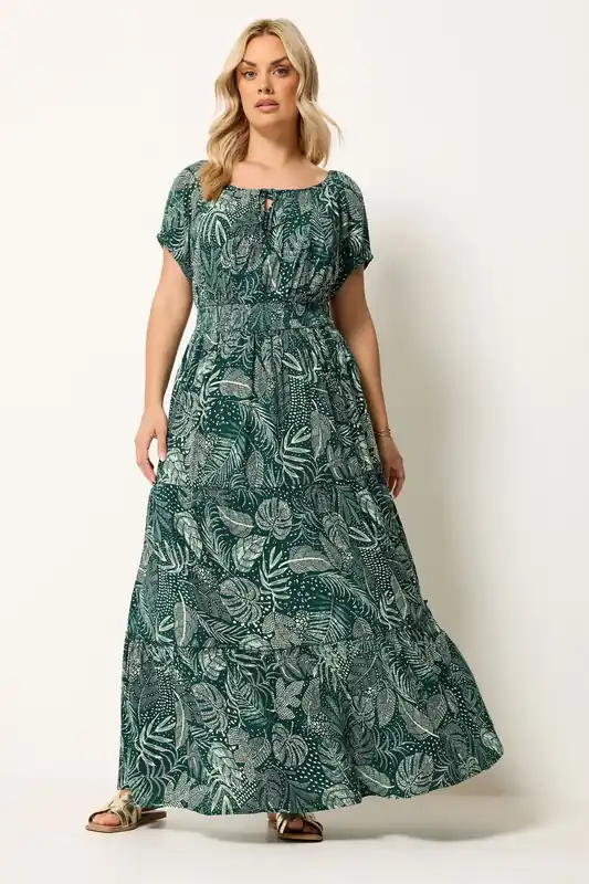 Leaf Tie Neck Bardot Maxi Dress - Yours
