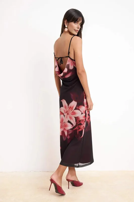 Floral Print Strappy Fishtail Maxi Dress with Sheer Hem - WOVCOR