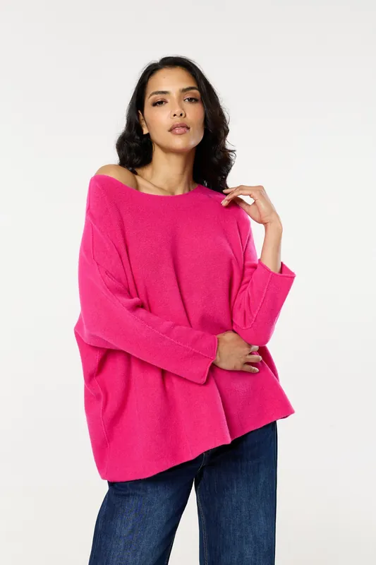 Pink Off Shoulder Relaxed Knit Jumper - Liquorish