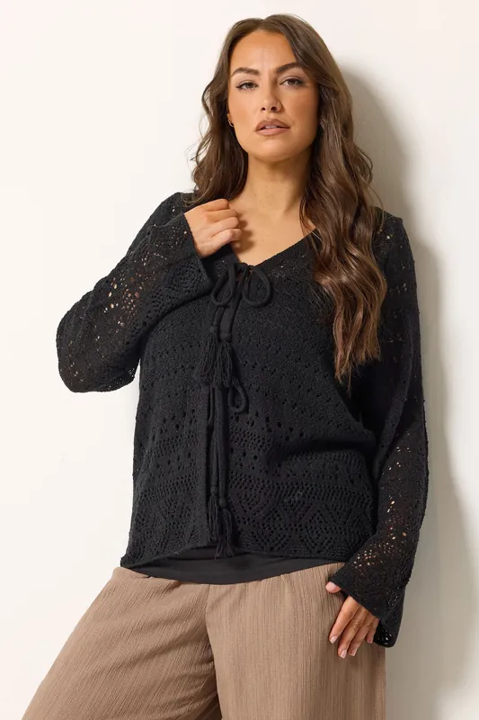 Pointelle Knitted Tie Cardigan - Yours