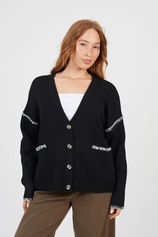 Contrast Stitch Button Through V-neck Cardigan