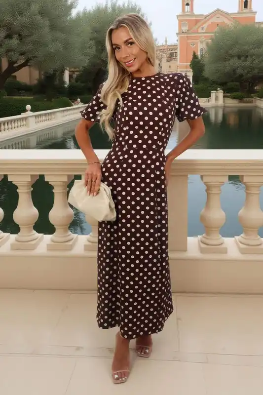Chocolate Polka Dot Print Puff Sleeve Midi Dress - AX Paris