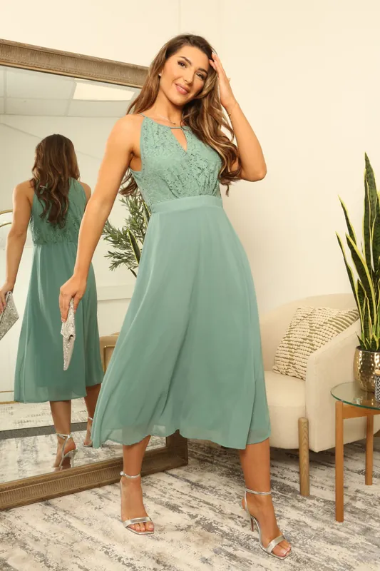 Sage Halterneck Lace Midi Dress - DOUBLE SECOND