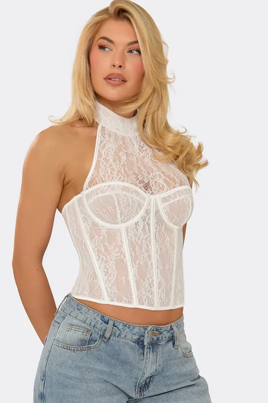 Sleeveless High Neck Underwired Lace Corset Top - EGO