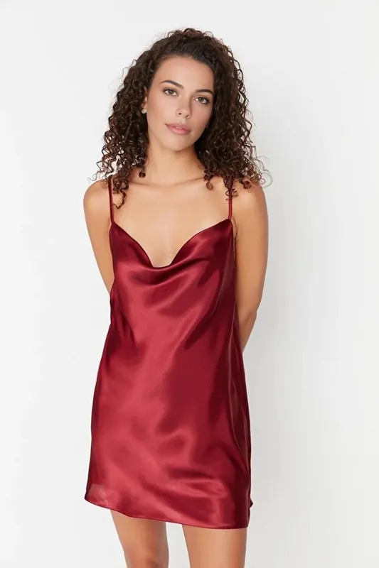 Cowl Neck Back Detail Satin Strappy Mini Nightdress - WOVCOR