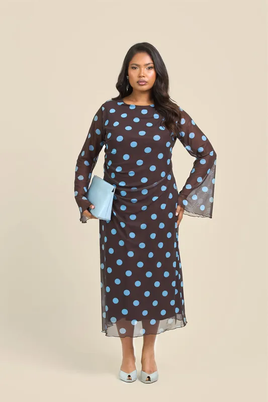 Curve Polka Dot Long Sleeve Ruched Mesh Midi Dress - FASHION-SZN