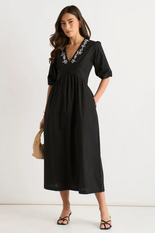 Black Puff Sleeve Cotton Embroidered Midi Dress - Gini London