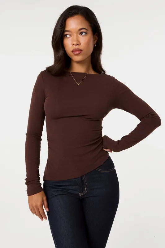 Brown Asymmetric Boat Neck Long Sleeve Top - Pink Vanilla