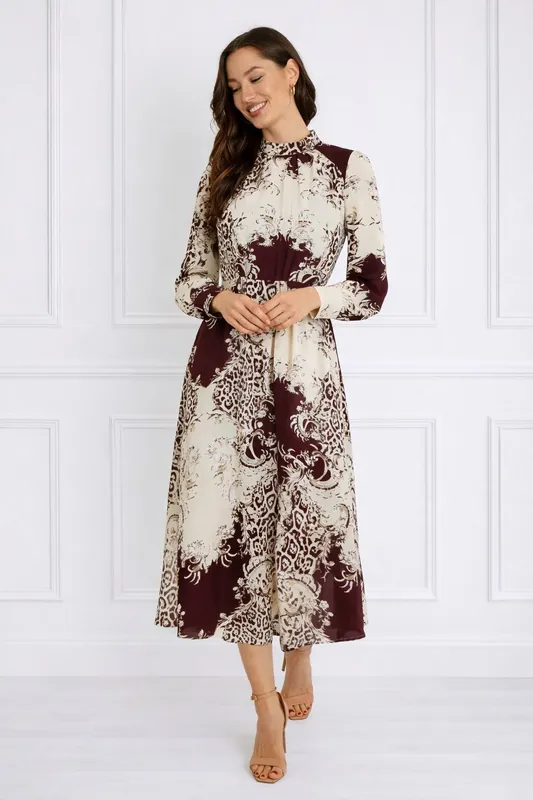 Burgundy and Cream Baroque Print Pleated Skirt Maxi Dress - Love Sunshine