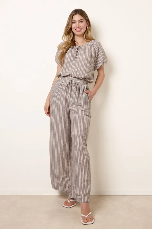 Brown Tie Waist Stripe Wide Leg Trousers - Blue Vanilla
