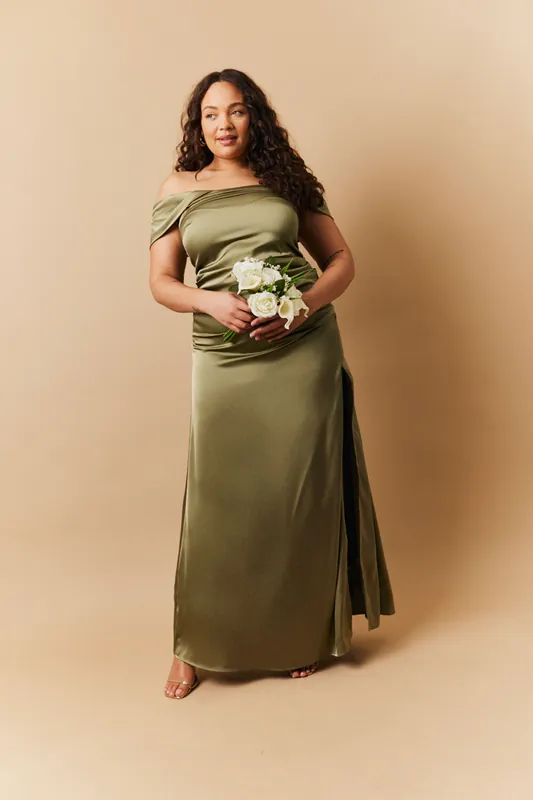 Satin Bardot Ruched Maxi Dress - In The Style