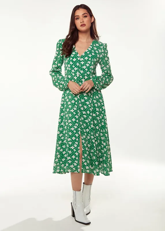 Floral & Heart Print Midi Dress In Green - Liquorish