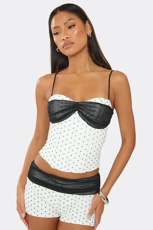 Strappy Sweetheart Neckline Overlay Polka Dot Mesh Corset Top - EGO
