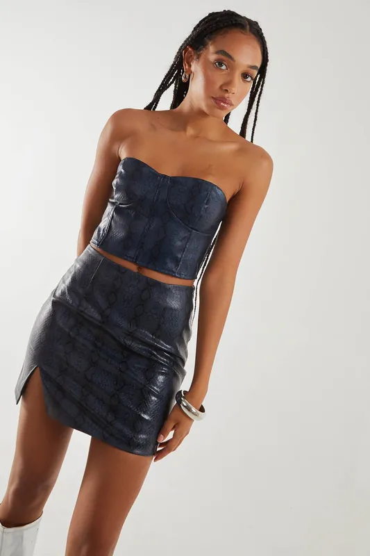 PU Snake Print Bandeau Mini Skirt With Split - Pink Vanilla