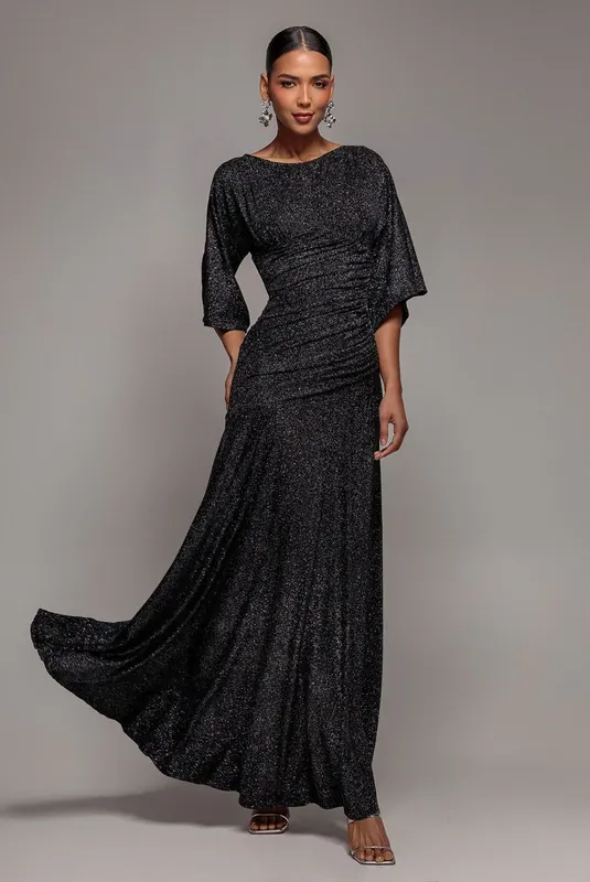 Lurex Kimono Sleeve Gathered Waist Maxi Dress - Goddiva