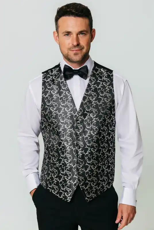 Black/Silver Edwardian Swirl Jacquard Waistcoat - Dobell