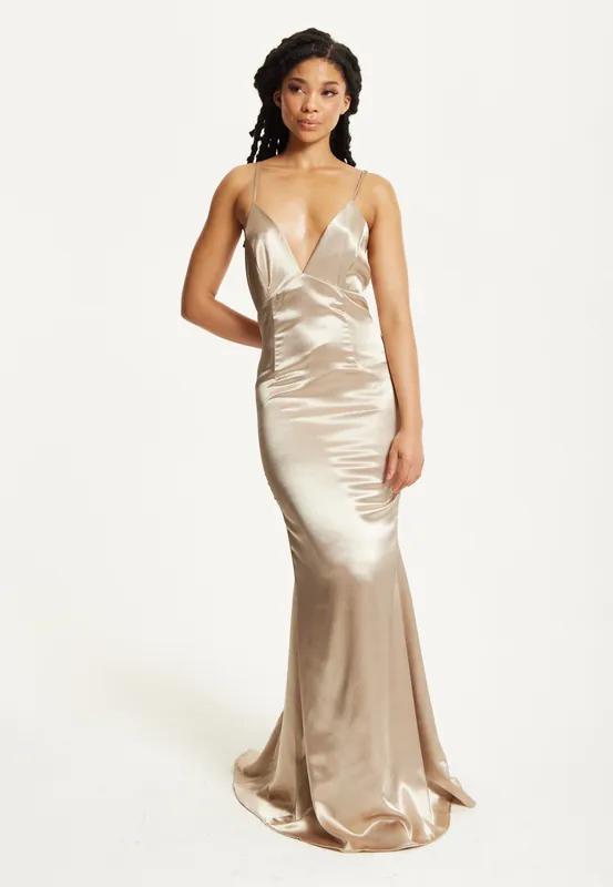 Gold Satin Plunge Maxi Dress - Liquorish