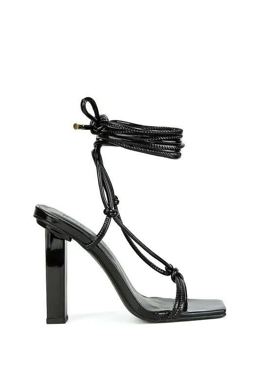 Tanner' Strappy Sandals Square Toe Knotted Detail Lace Tie Up High Block Heels - XY London