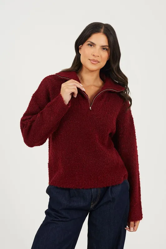 Boucle Yarn Jumper With Zip Neck - Brave Soul