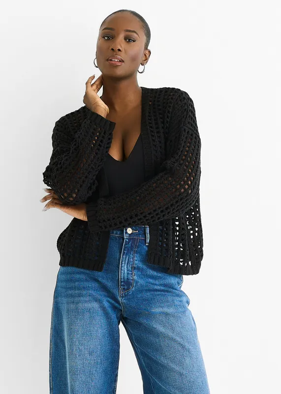 Black Open Knit Edge to Edge Cardigan - Gini London