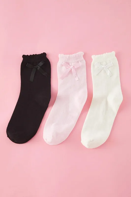 3-Pack Cotton Bow Detail Knit Socks