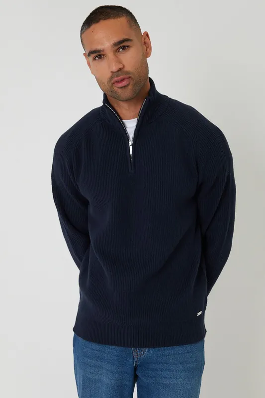 Cotton Blend Rib Panel Quarter Zip Knitted Jumper - Threadbare