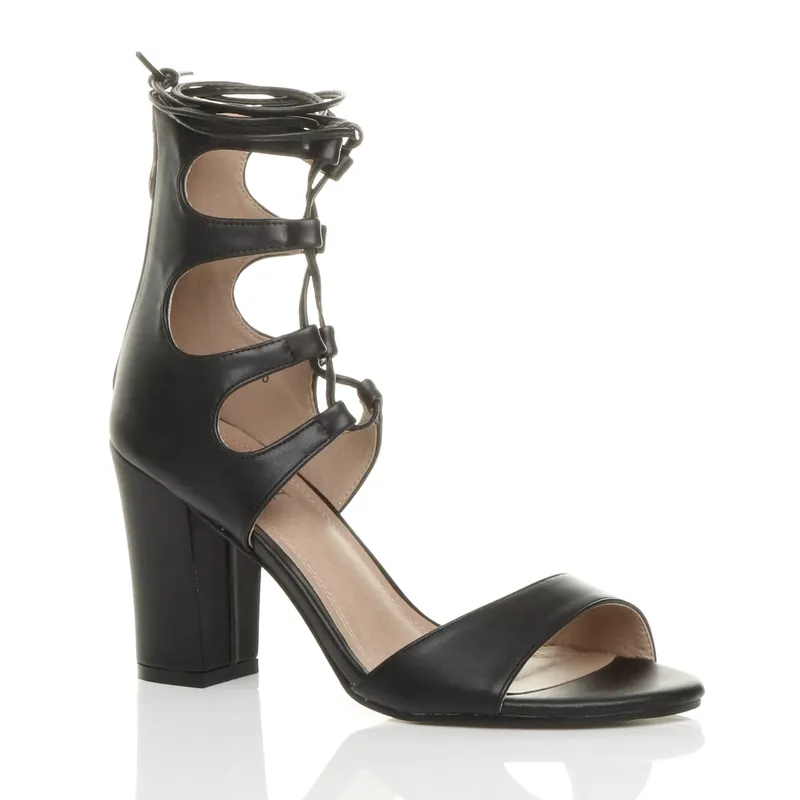 High Block Heel Lace Up Ghillie Strappy Sandals - AJVANI