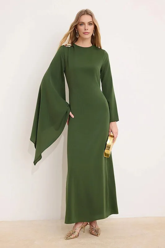 Cape Sleeve Detail Long Sleeve Maxi Evening Dress - WOVCOR
