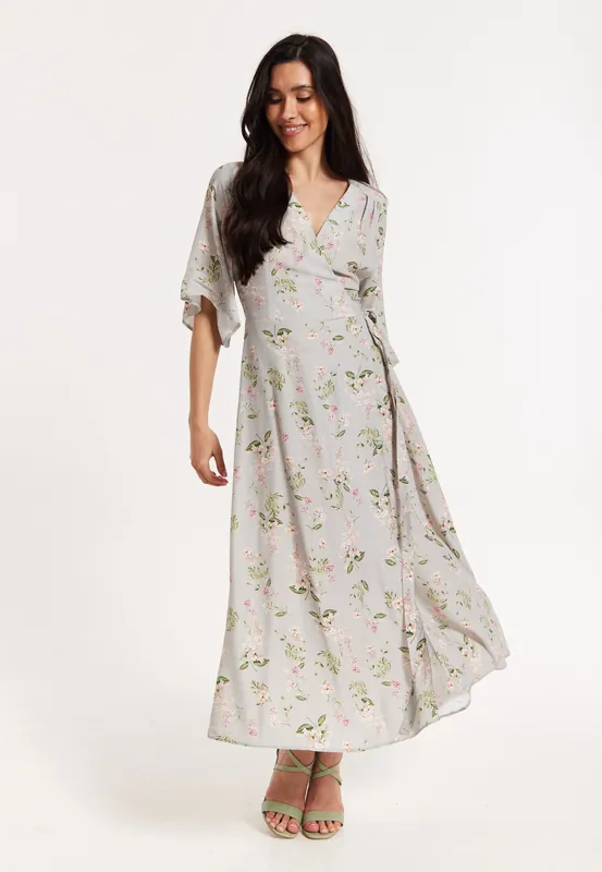 Floral Print Kimono Wrap Maxi Dress - Liquorish