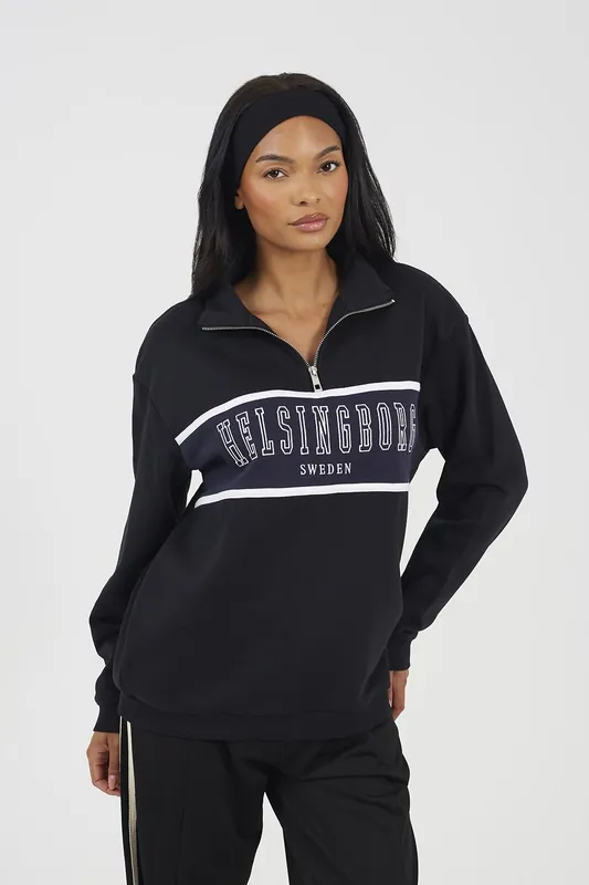 Funnel Neck Quarter Zip Sweatshirt With Embroidery - Brave Soul