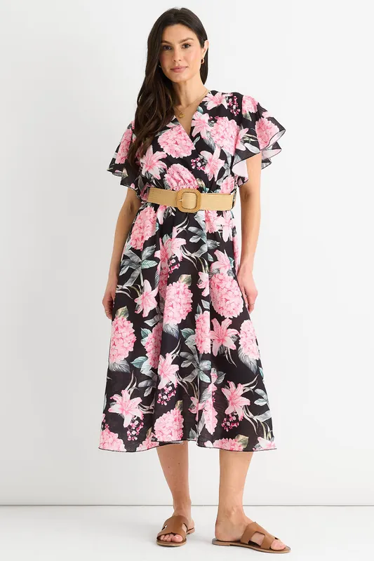 Black Floral Print Angel Sleeves Belted Wrap Midi Dress - Gini London