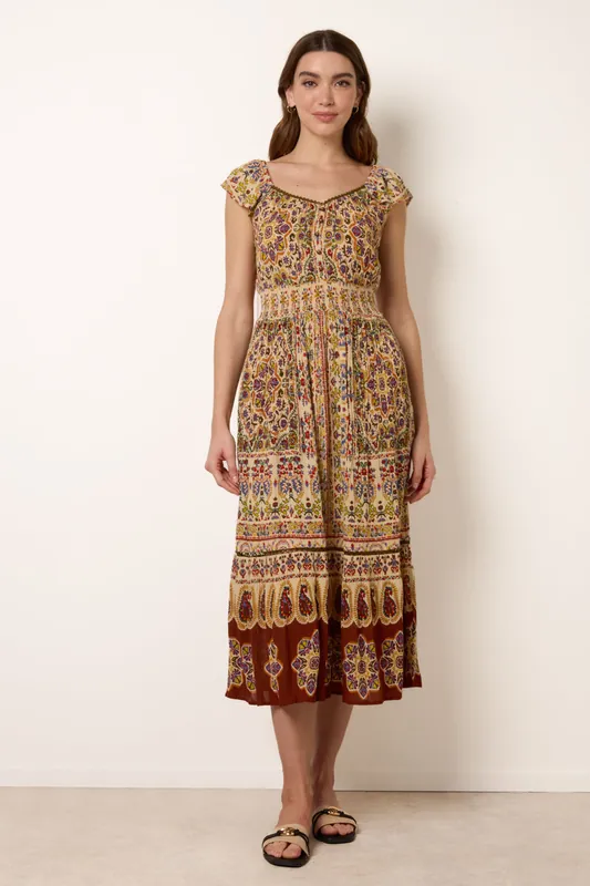 Multi V Neck Embroidery Trim Paisley Maxi Dress - Blue Vanilla