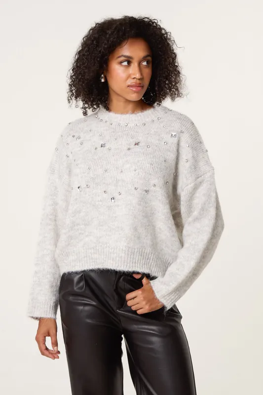 Grey Diamante Round Neck Jumper - Blue Vanilla