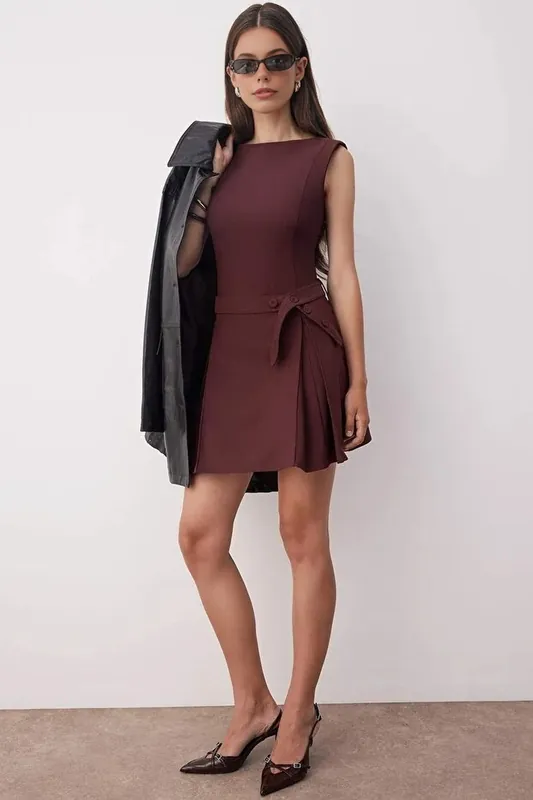 Belted Pleated Mini Woven Dress with Tailored Fit - WOVCOR