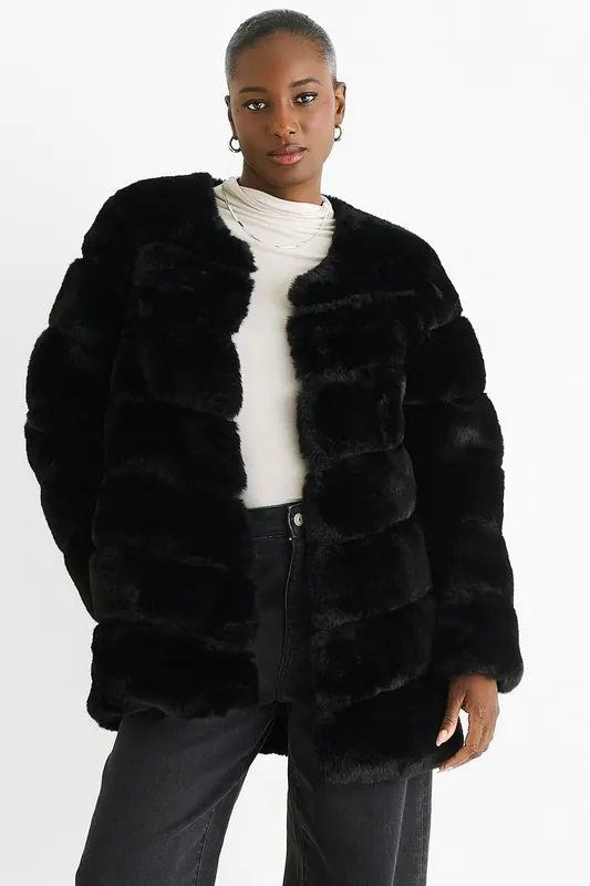 Black Diagonal Cut Faux Fur Long Sleeve Jacket - Gini London