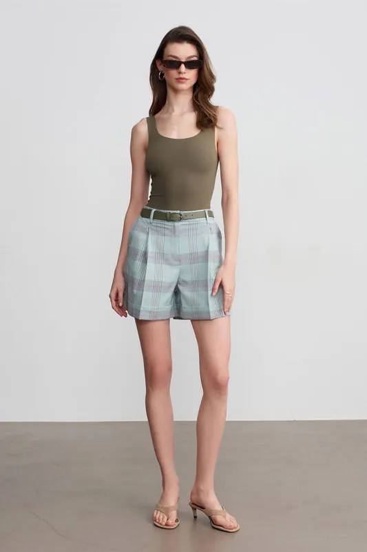 High-Waist Plaid Tailored Shorts With Belt