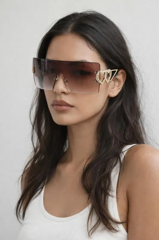 Flatop Rimless Heart Detail Sunglasses In Brown - SVNX