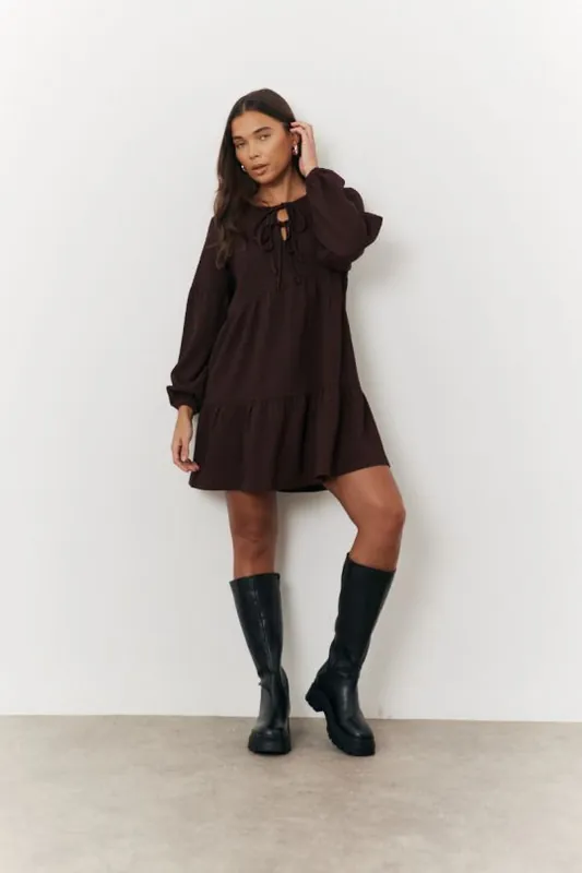 Brown Textured Tie Front Detail Smock Dress - In The Style
