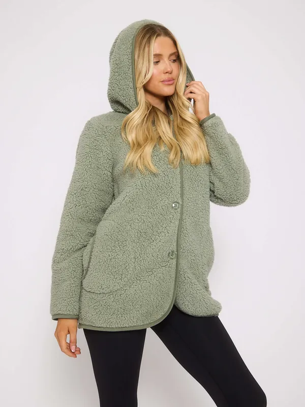 Borg Button Lounge Hooded Cardigan - Loungeable