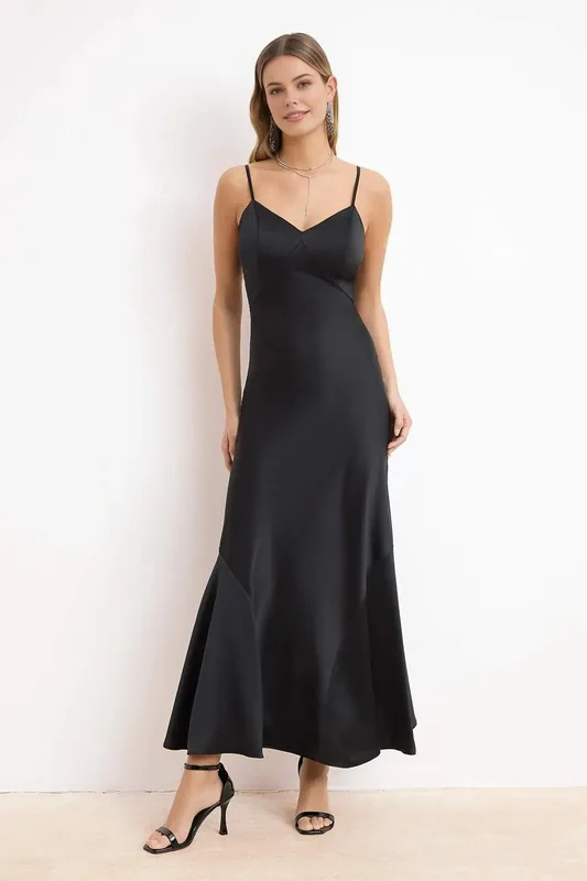 Strappy Satin A-Line Midi Dress with Flared Hem Detail