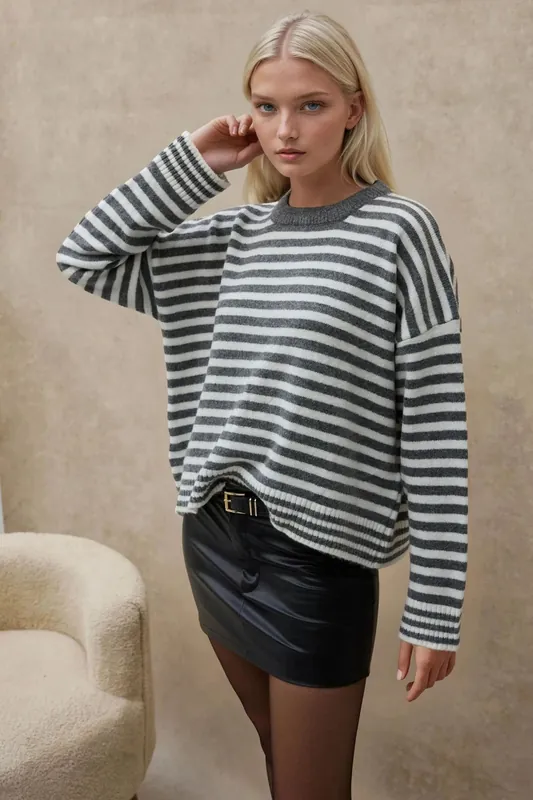 Oversized Striped Crew Neck Soft Touch Sweater - Hiccup
