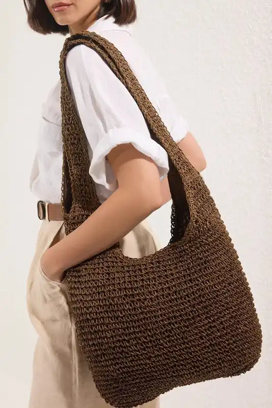 Crochet Straw Slouchy Shoulder Bag - WOVCOR