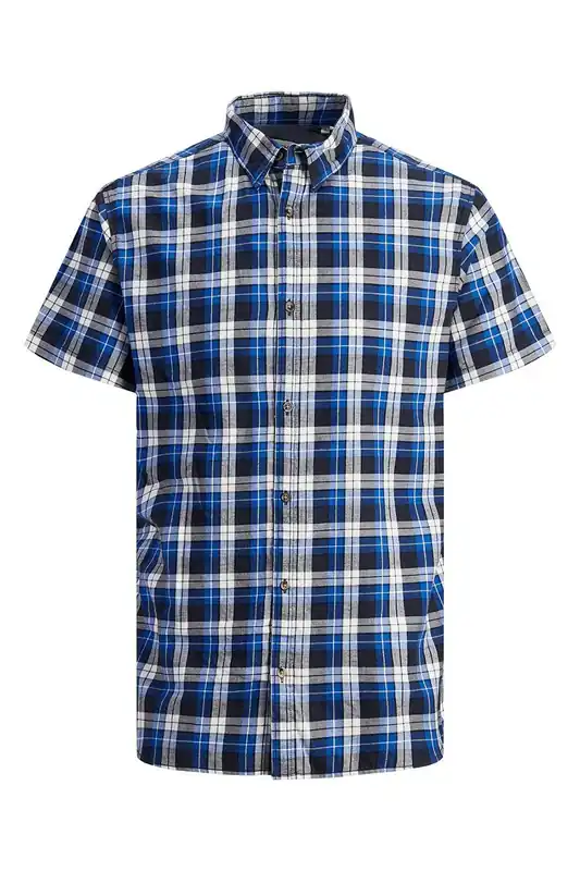 Mens Blue Checked Shirt Cotton Short Sleeve Casual Size S - Jack & Jones