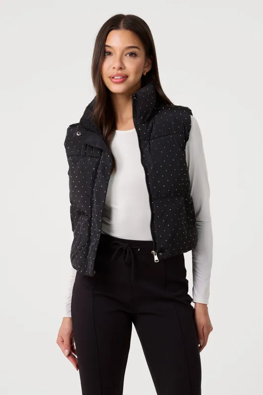 Black Diamante Puffer Gilet - Pink Vanilla