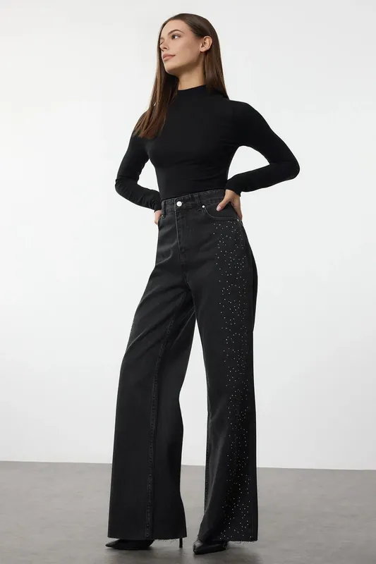 High Waist Wide Leg Jeans with Rhinestone Detail - WOVCOR
